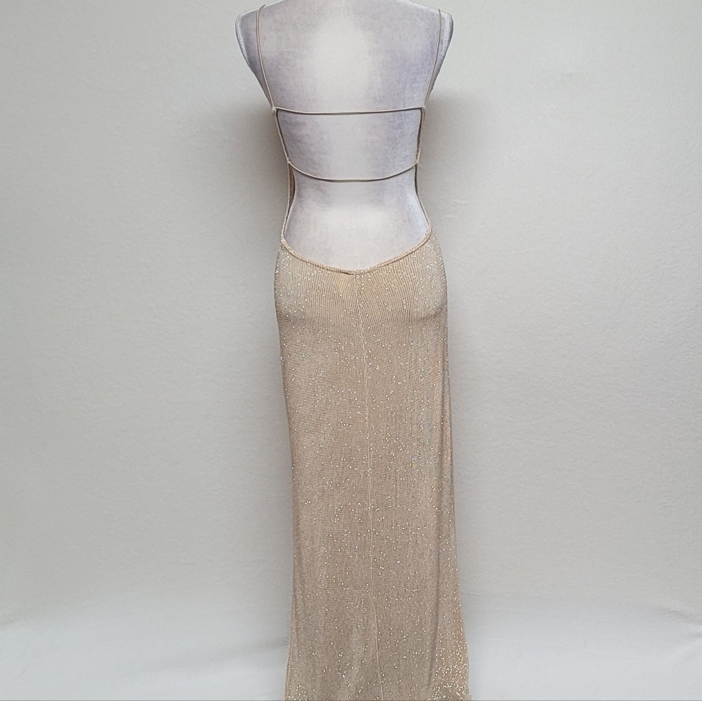80s Vintage City Triangles Gold Metallic Knit Strappy Backless Slit Maxi Dress M - Picture 9 of 14